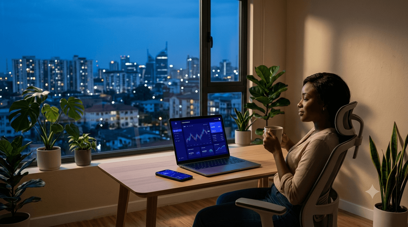 A RocoCoin user reviewing her portfolio at night above the city