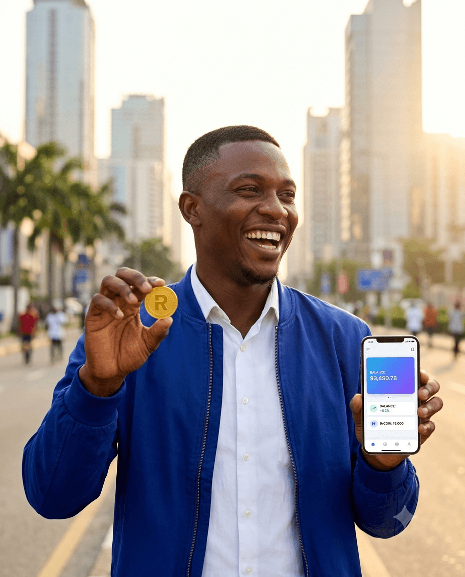 A RocoCoin user holding a ROCO coin and the app on his phone